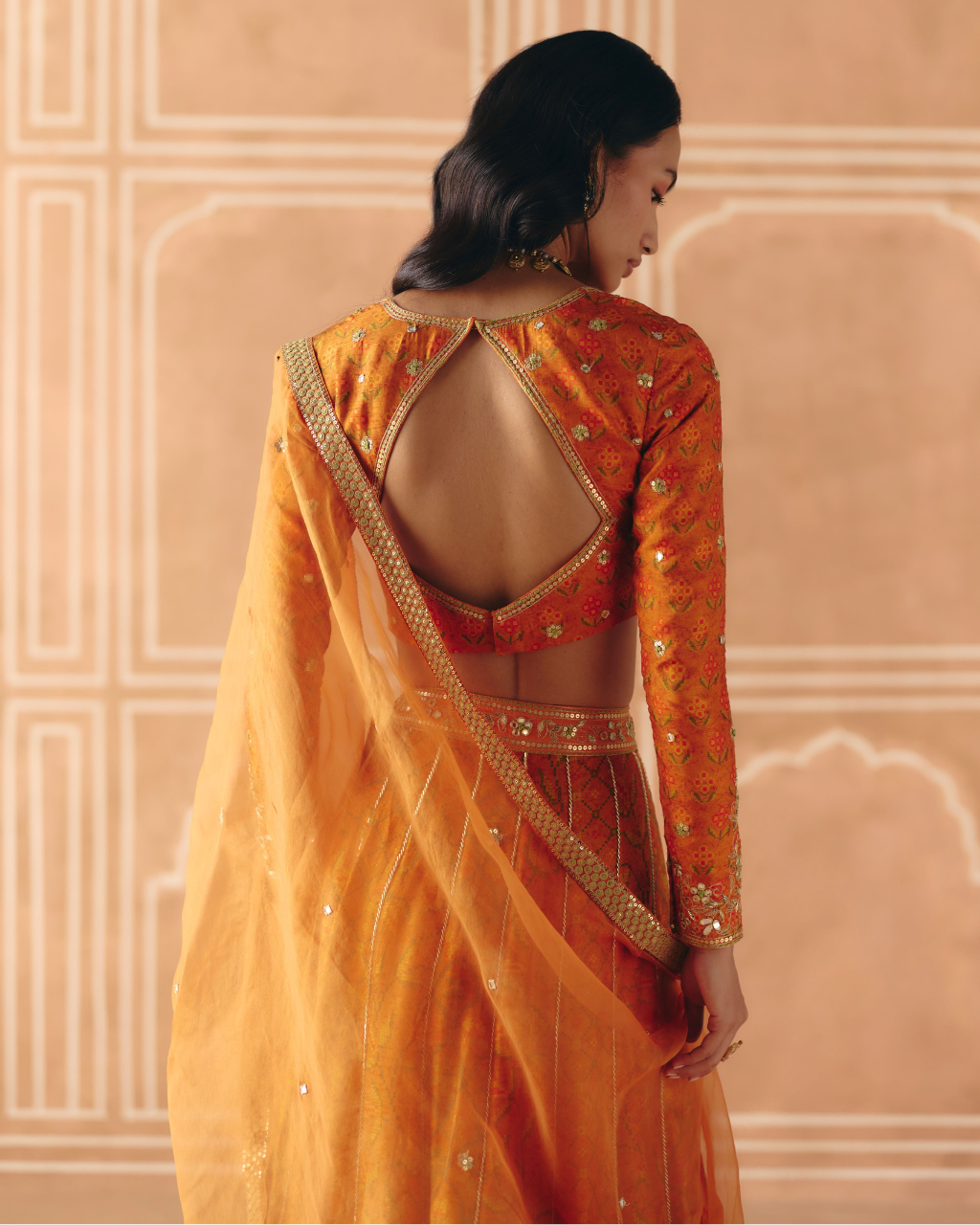Burnt Orange Panelled Lehenga Set