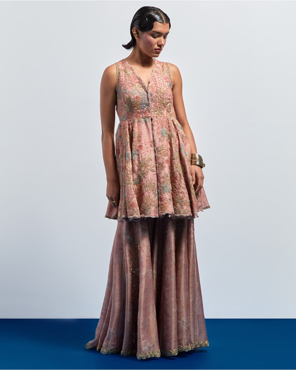 Pink Embroidered Peplum Sharara Set