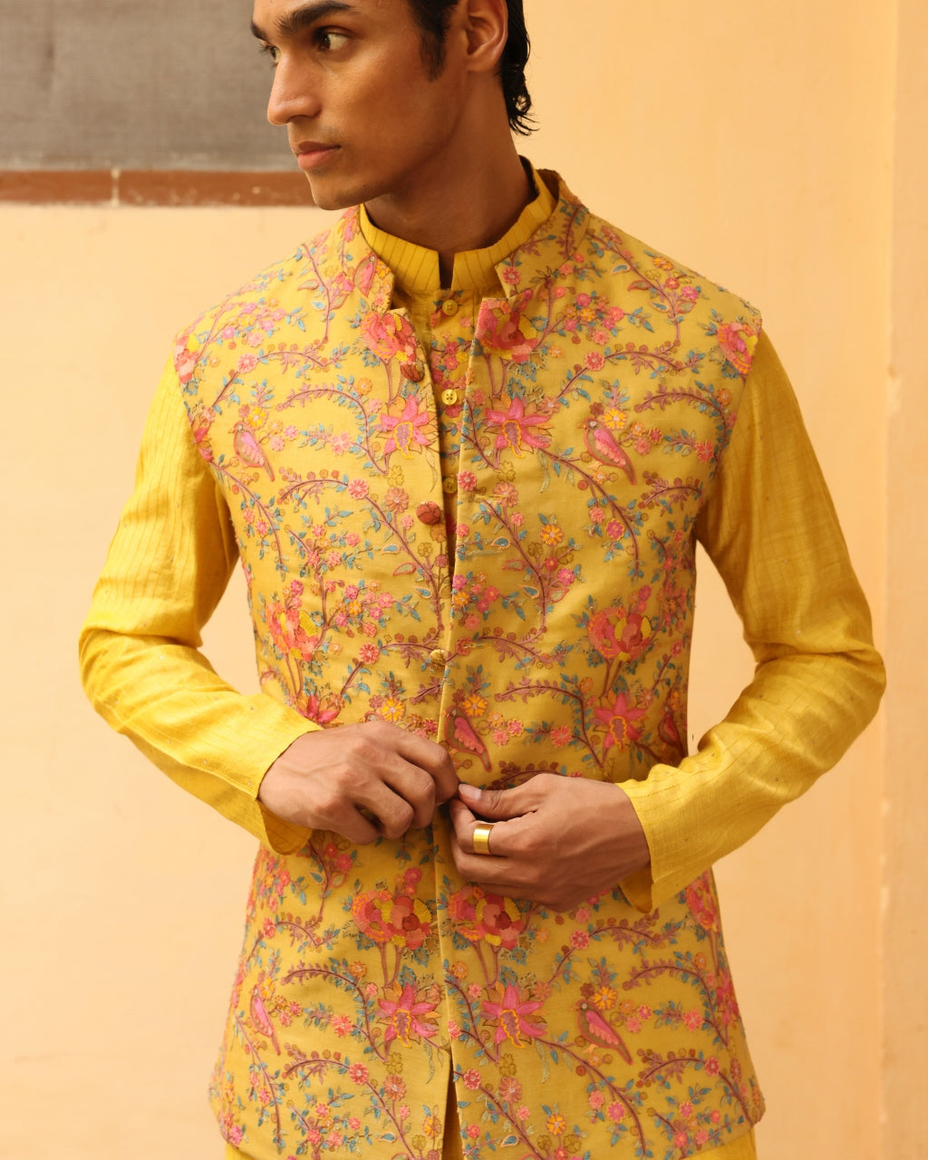 Sunshine Yellow Silk Brocade Jaal Bandi Set