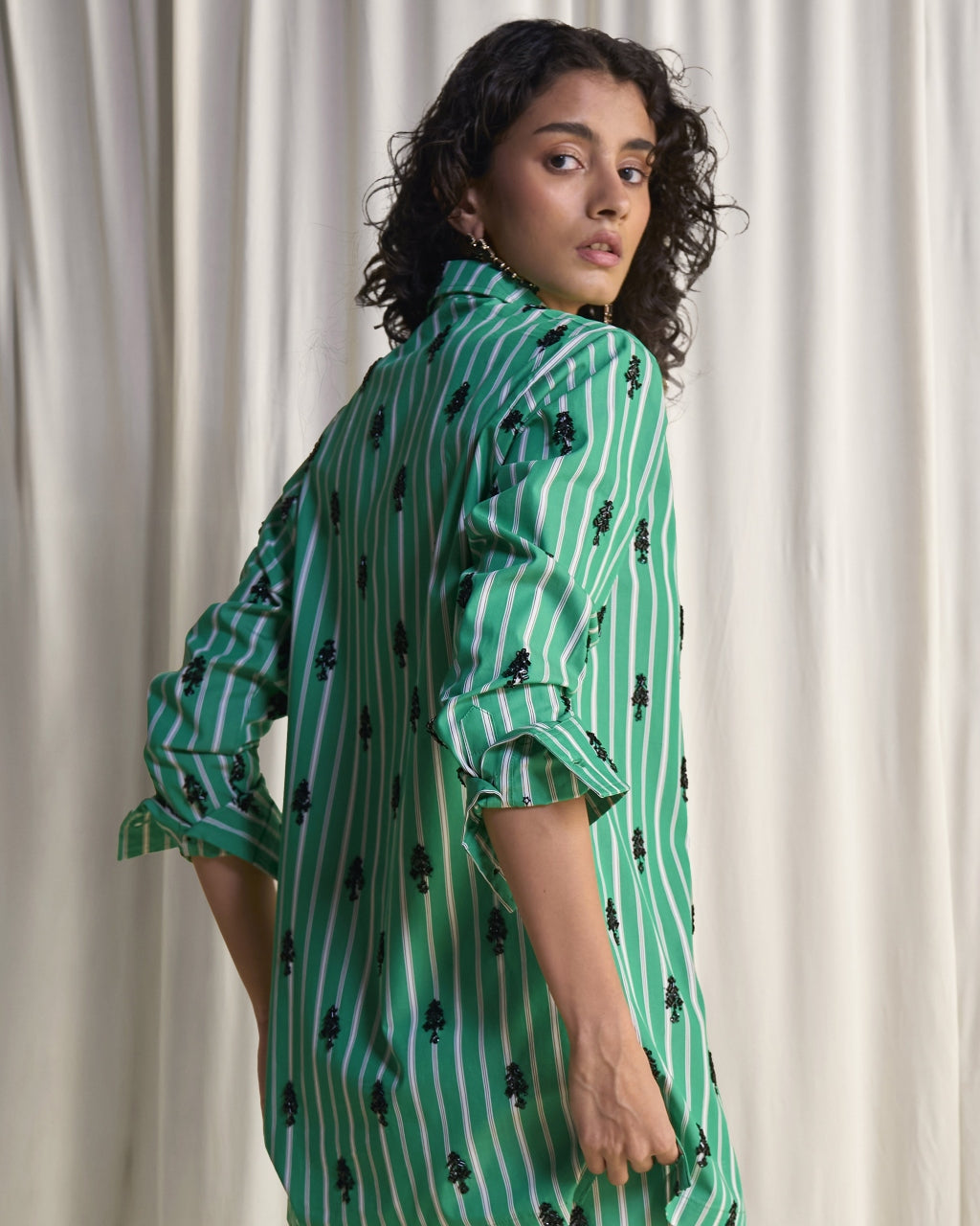 Motif Bead Embroidered Stripe Shirt & Pant Set