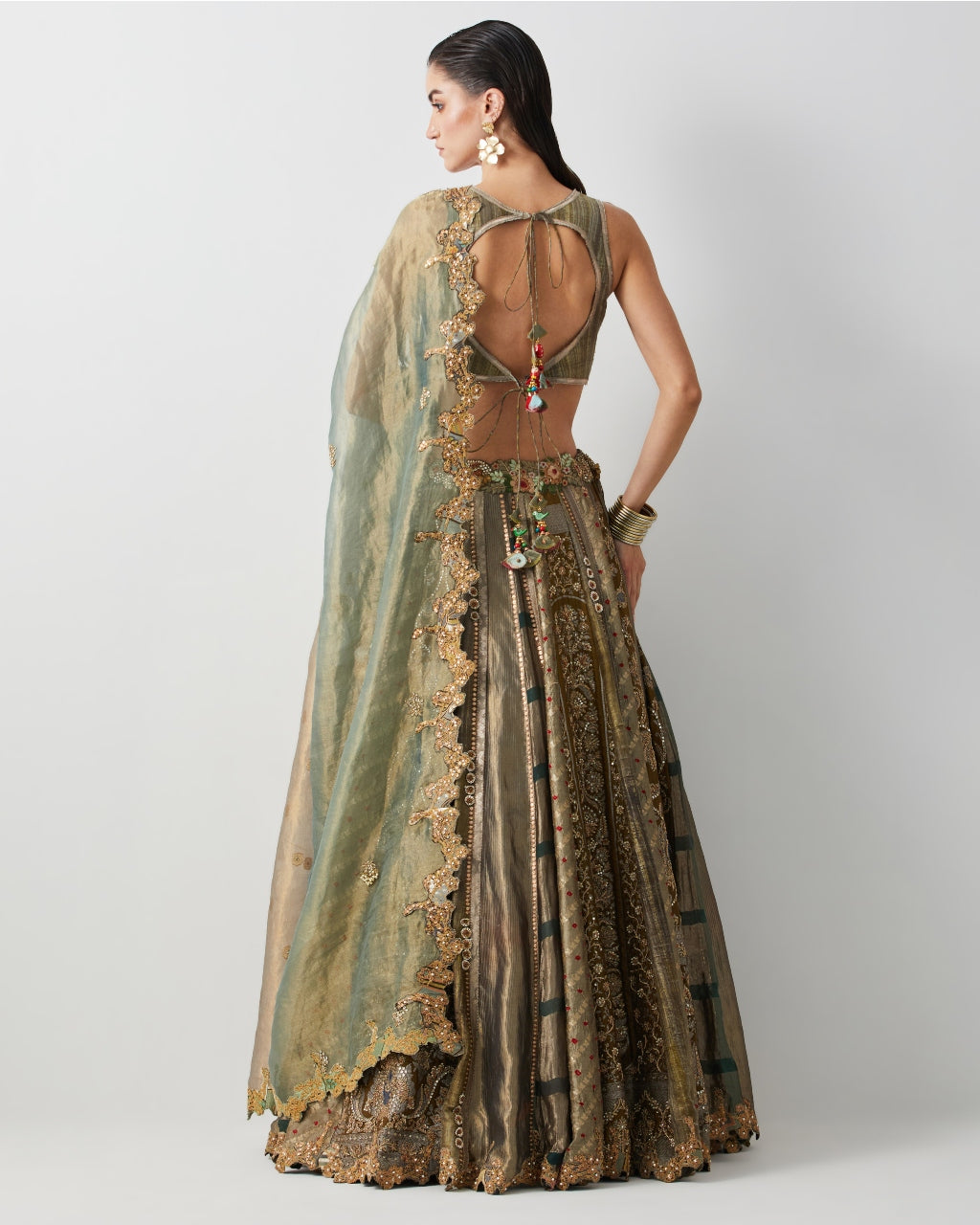 Olive Green Hand Embroidered Silk Brocade Lehenga Set