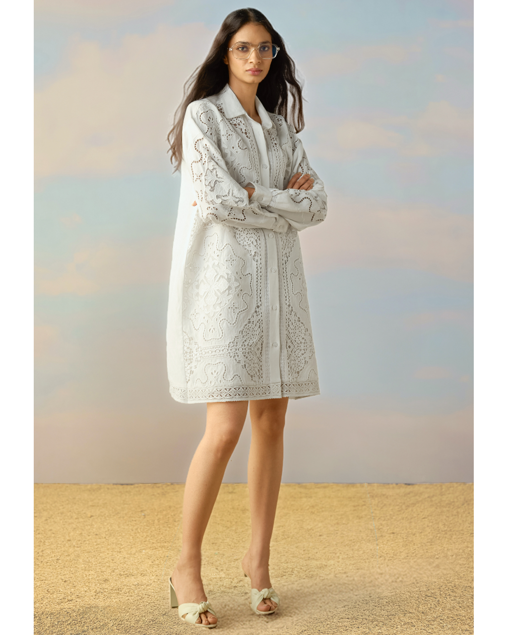 Linen Cutwork & Lace Embroidered Shirt Dress