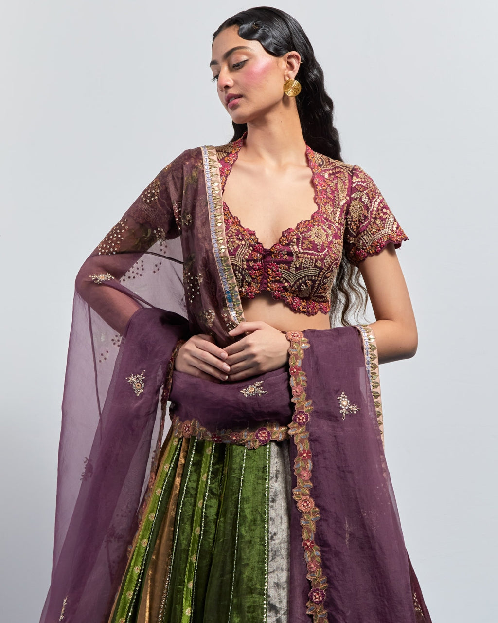 Multicolour Striped Embroidered Lehenga Set
