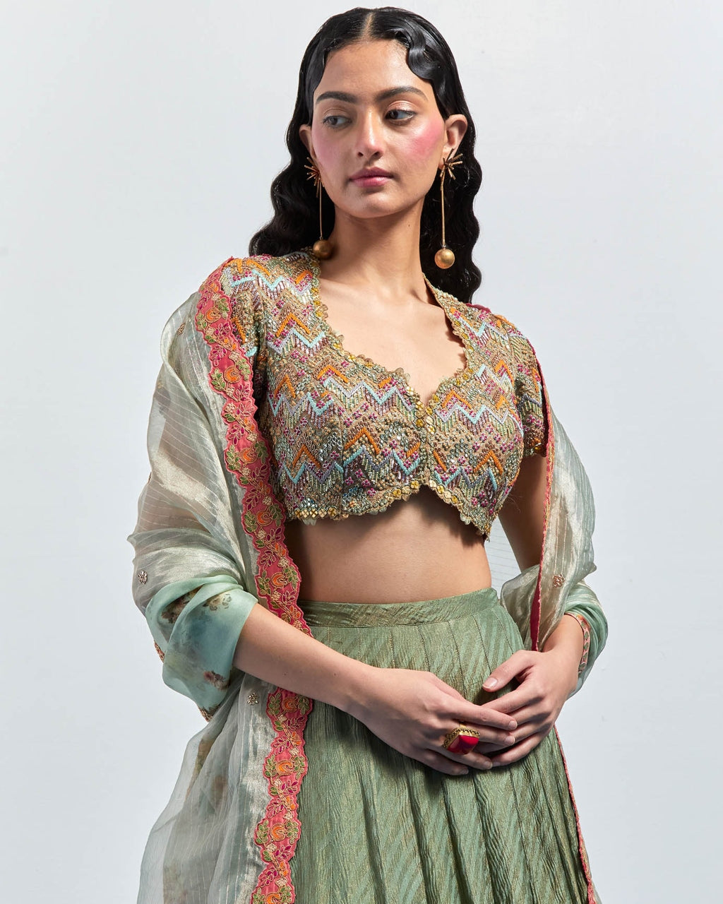 Saga Green Embroidered Lehenga Choli Dupatta Set