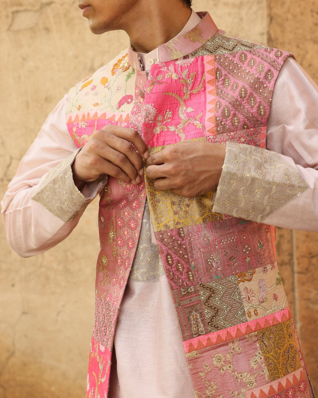 Blush Pink Silk Brocade Patchwork Bandi Set