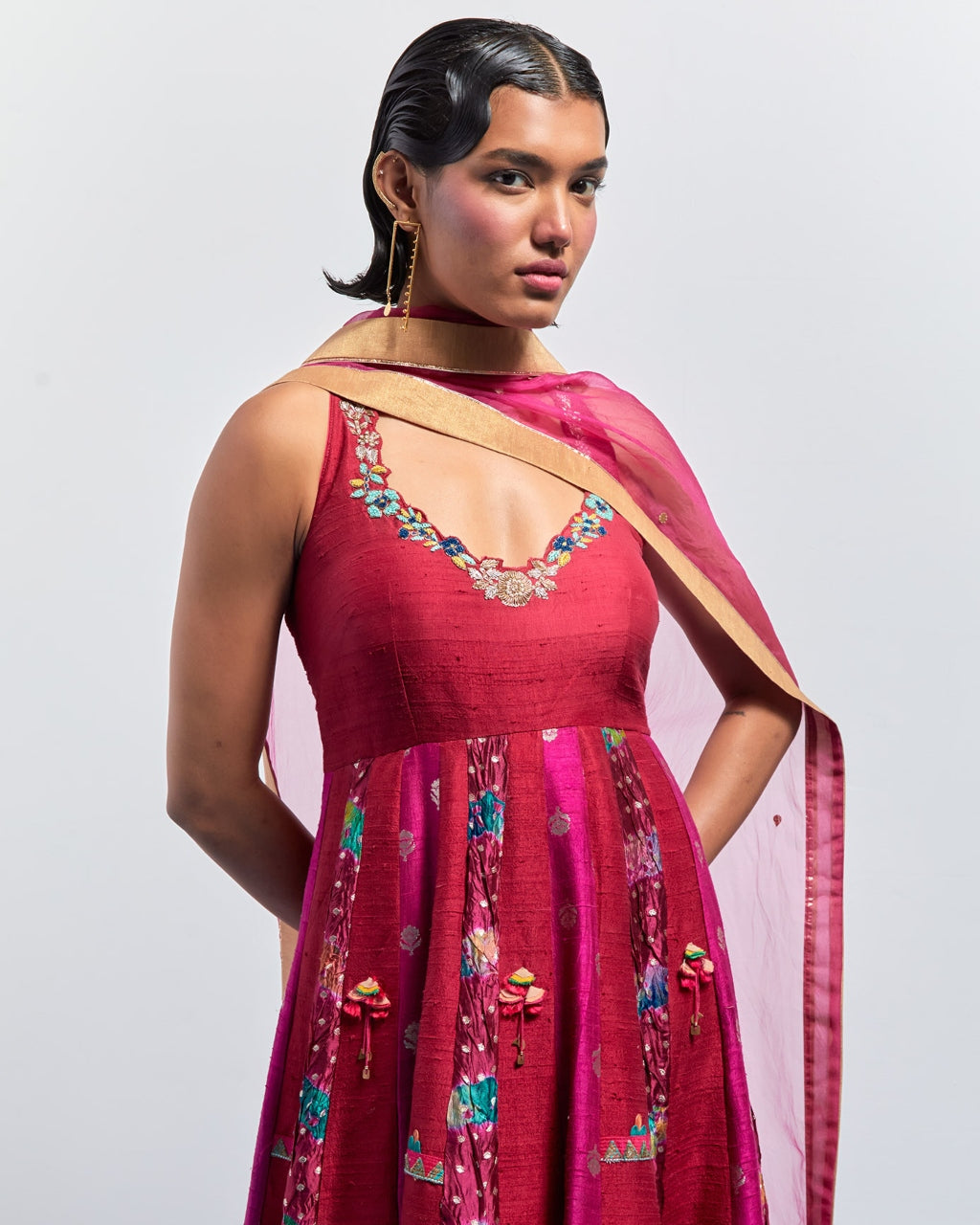 Magenta Embroidered Anarkali Dupatta Set.