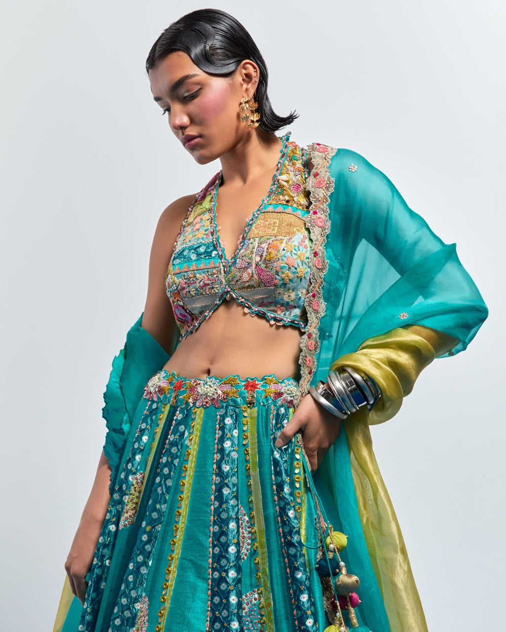 Sea Green Multi Colour Embroidered Lehenga Set