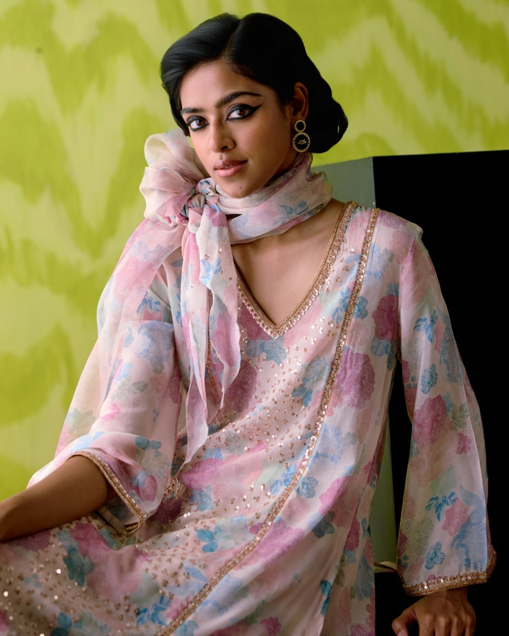 Ivory Floral Print Palled Kurta Set
