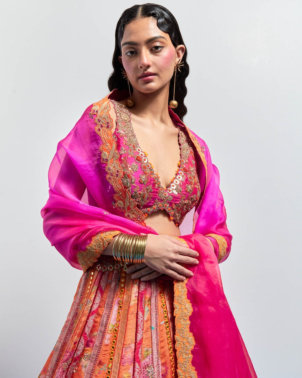 Orange Printed Embroidered Lehenga Dupatta Set
