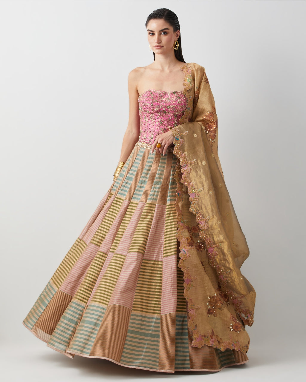 Mauve & Gold Embroidered Corset Lehenga Set