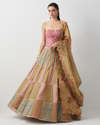 Mauve & Gold Embroidered Corset Lehenga Set
