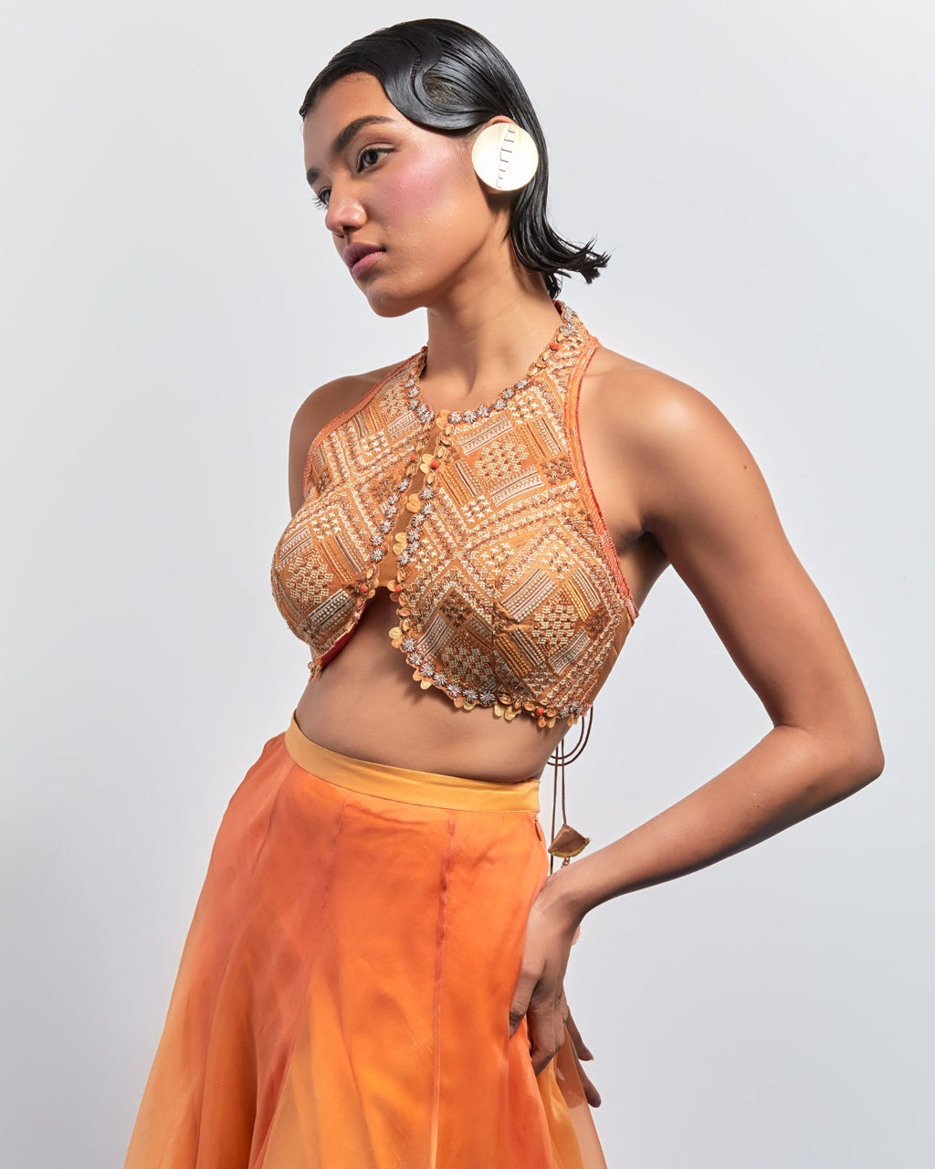 Yellow Orange Ombre Embroidered Skirt Set