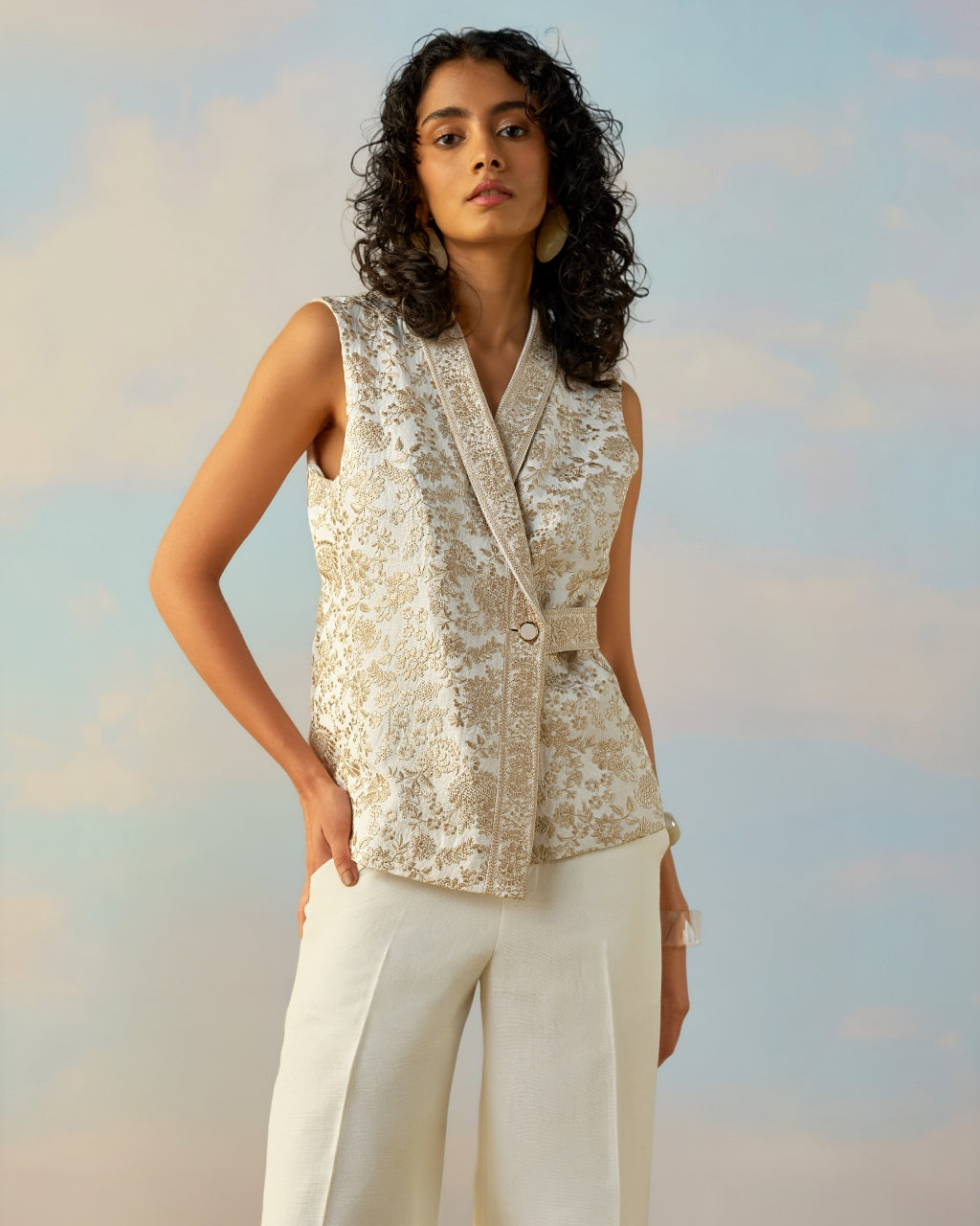 Linen Embroidered Waistcoat & Straight-Cut Pant Set