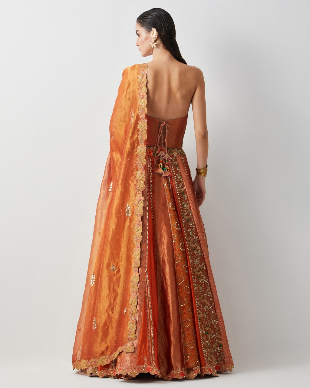 Roasted Carrot Hand Embroidered Lehenga Set With Organza Dupatta