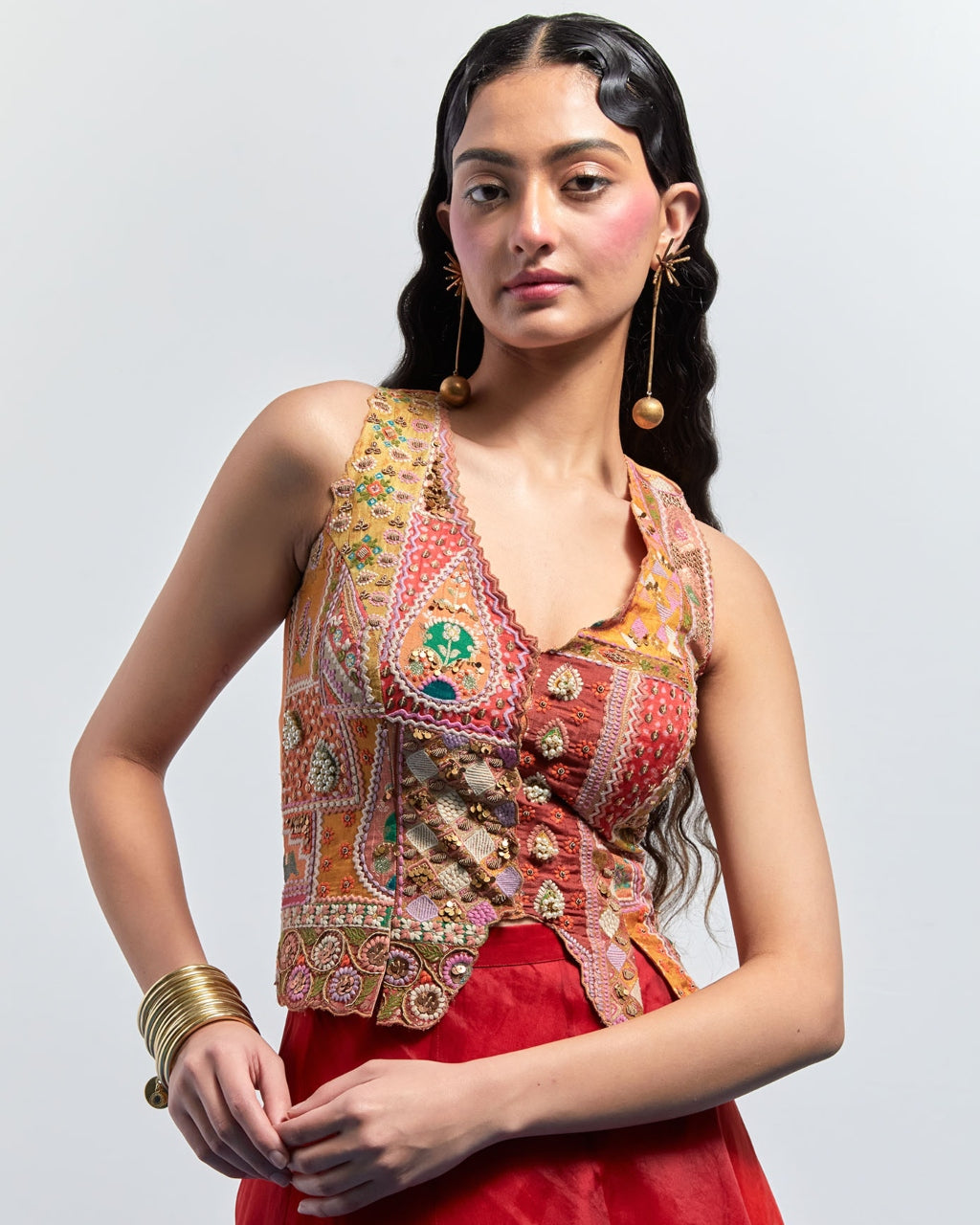 Burnt Orange Embroidered Corset Skirt Set