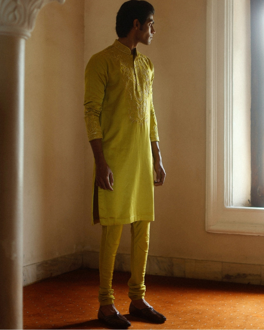 Mustard Thread And Japanese Pipe Work Pipe Kurta Set