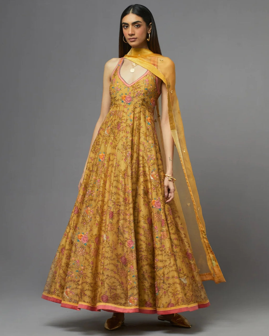 Yellow Halter Neck Printed Anarkali Set