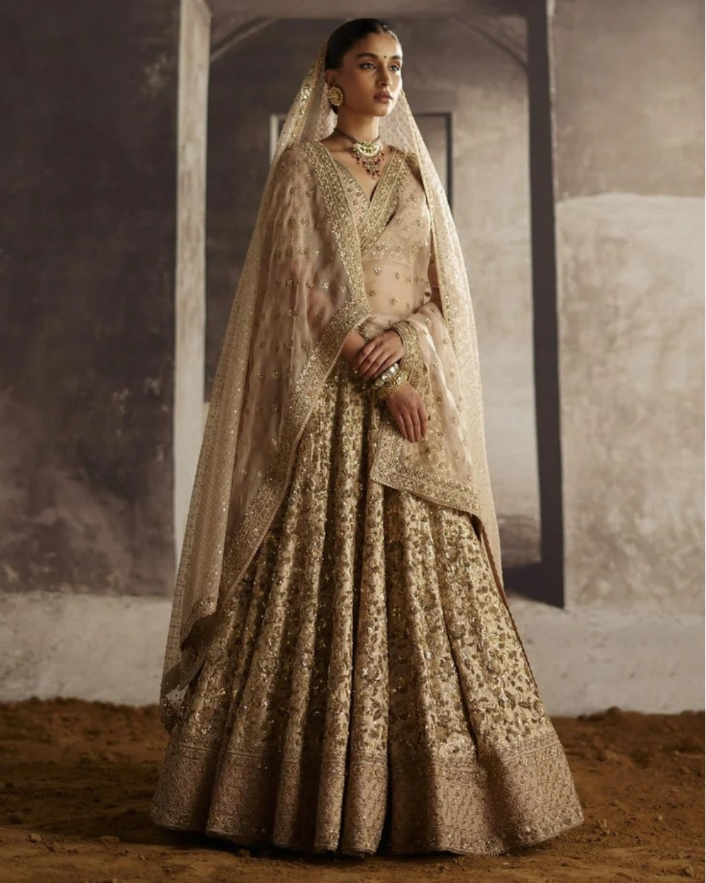 Ivory-Gold Sequin Jaal Lehenga