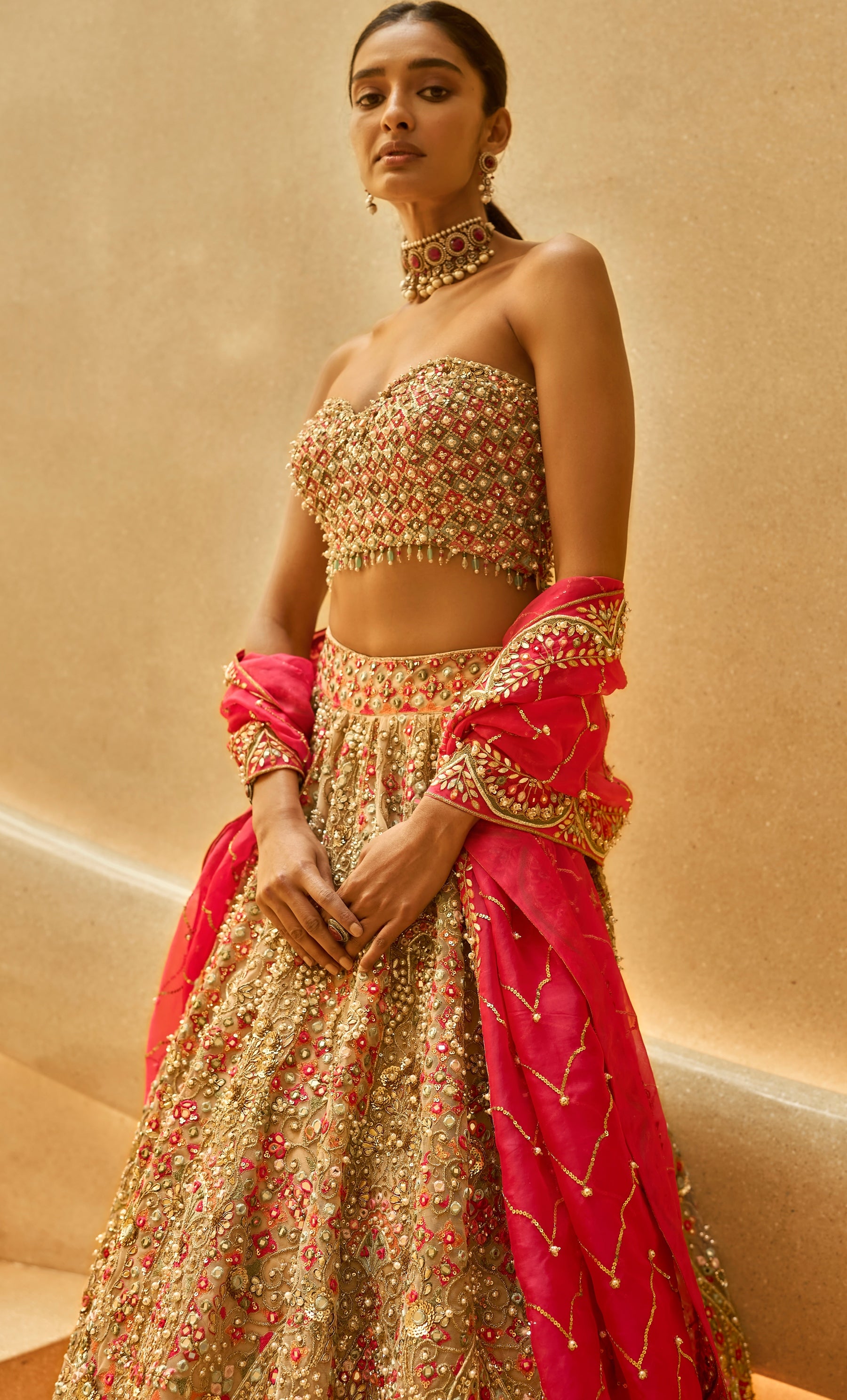 Nude And Fuscia Lehenga Set