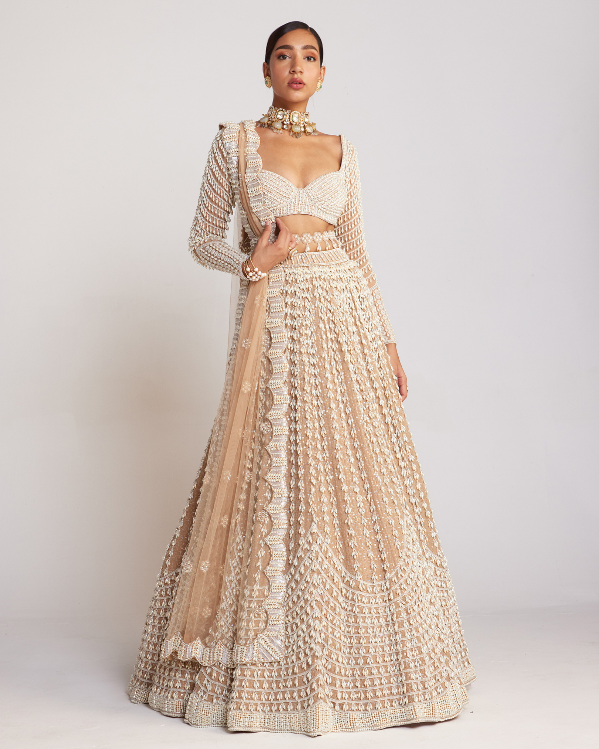 Beige Chandelier Pearl Embellished Lehenga Set