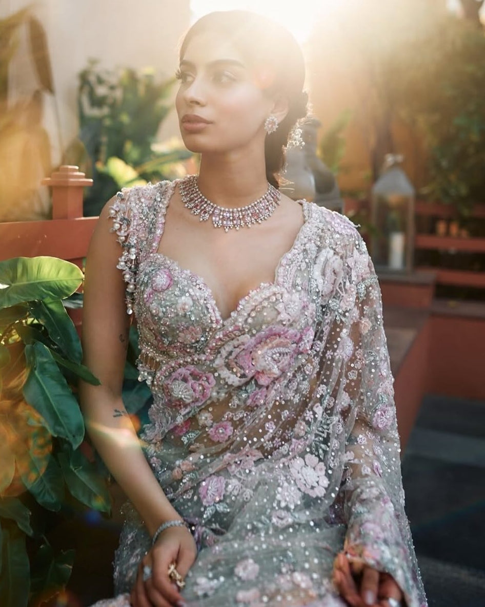 Mint Green Multi-Coloured Floral Sari