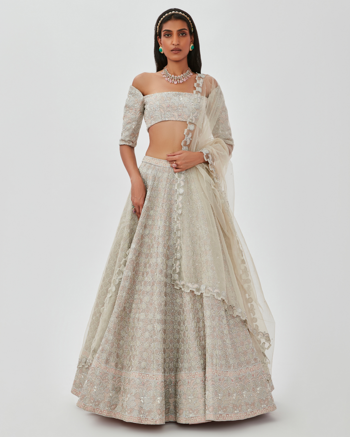 Silver Tissue & Tulle Embellished Lehenga Set | Aisha Rao