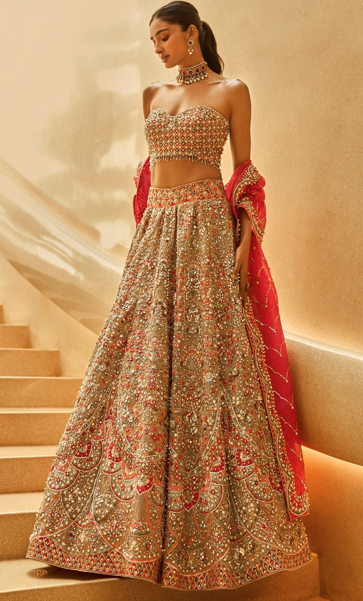 Nude And Fuscia Lehenga Set