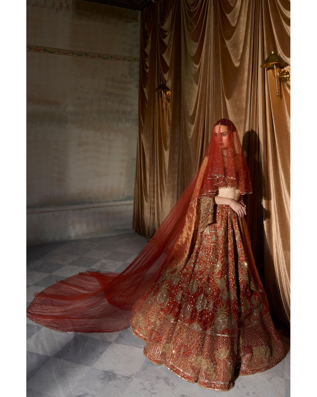 The Vintage Lotus Pond Aged Tangerine Lehenga Set