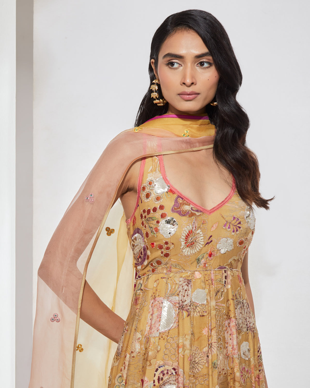 Yellow Floral Anarkali With Dupatta