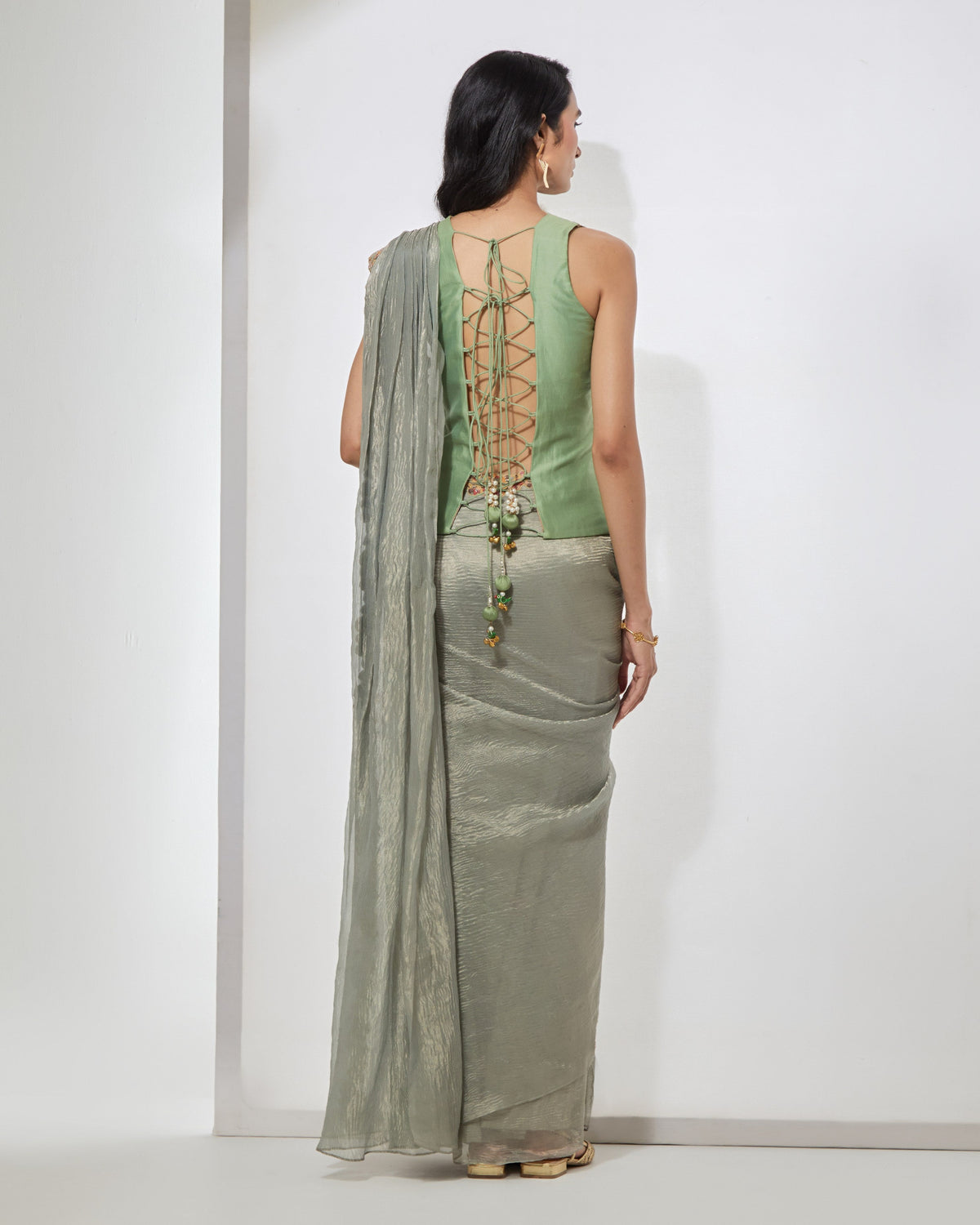 Powder Blue Pre-draped Sari With Corset