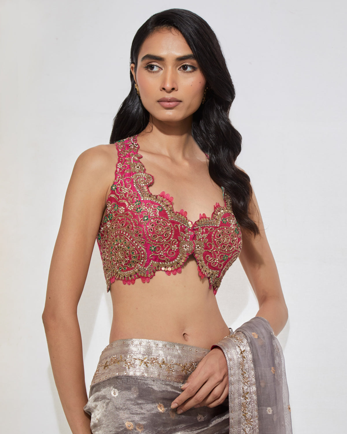 Ash Gray Zardozi Sari With Blouse