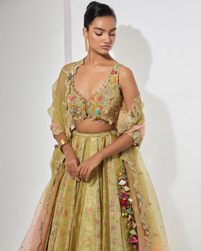 Lime Brocade Lehenga Set