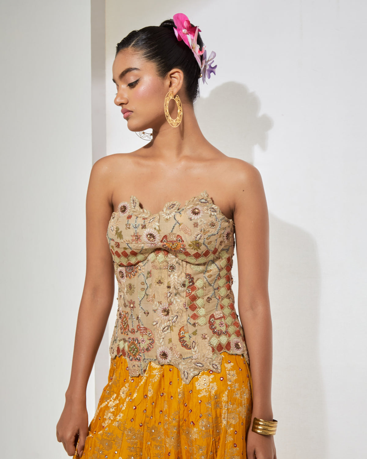 Antique Gold Corset & Mustard Lehenga