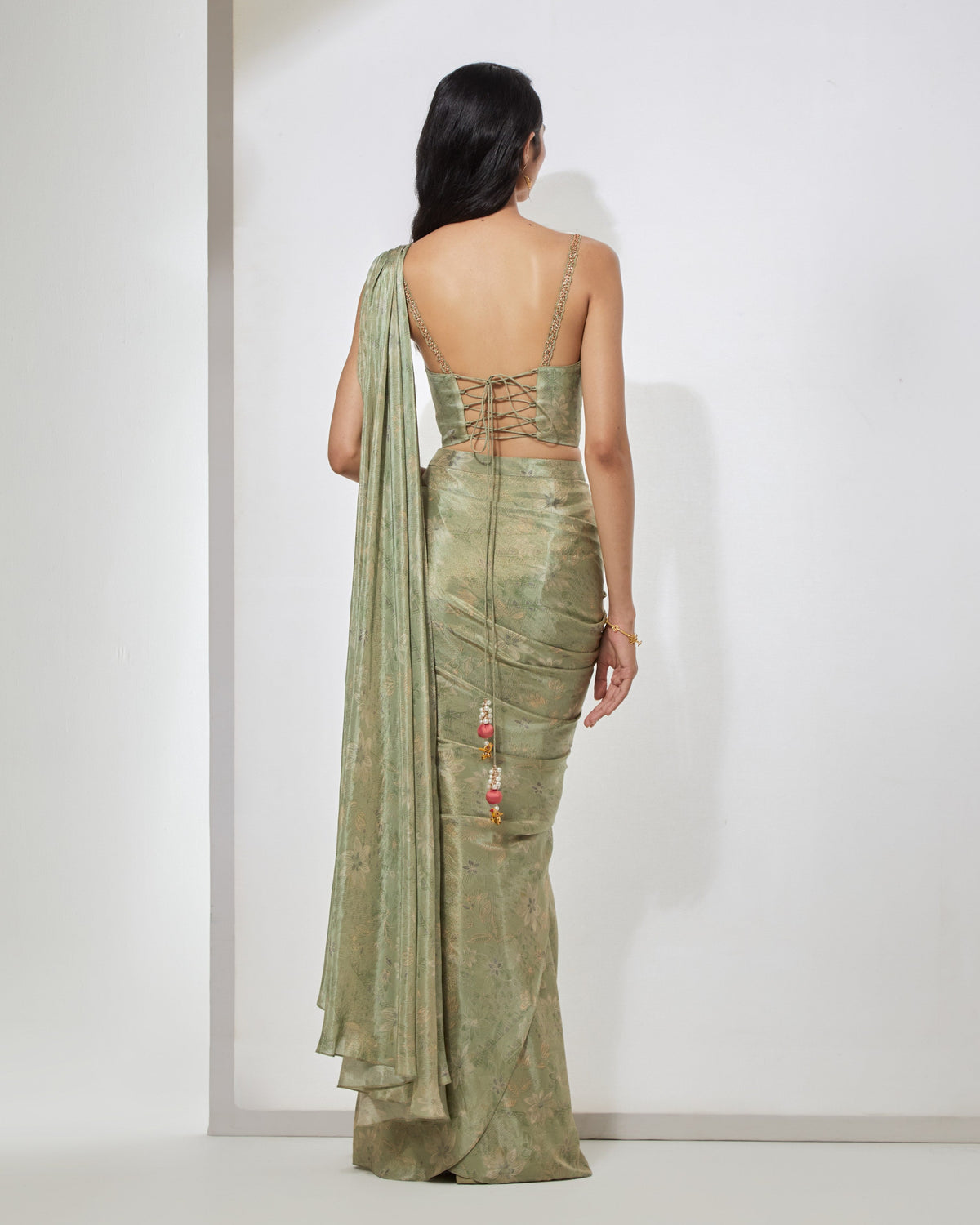Sage Green Pre-draped Sari With Corset