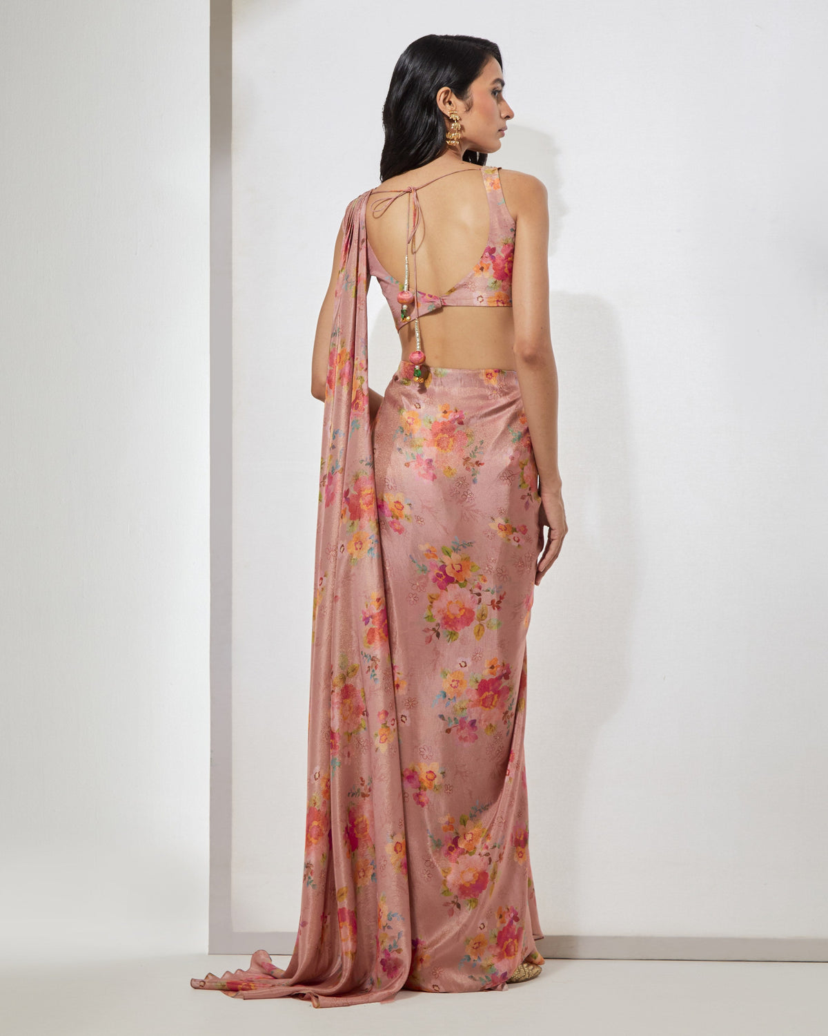 Blush Pink Floral Sari With Corset