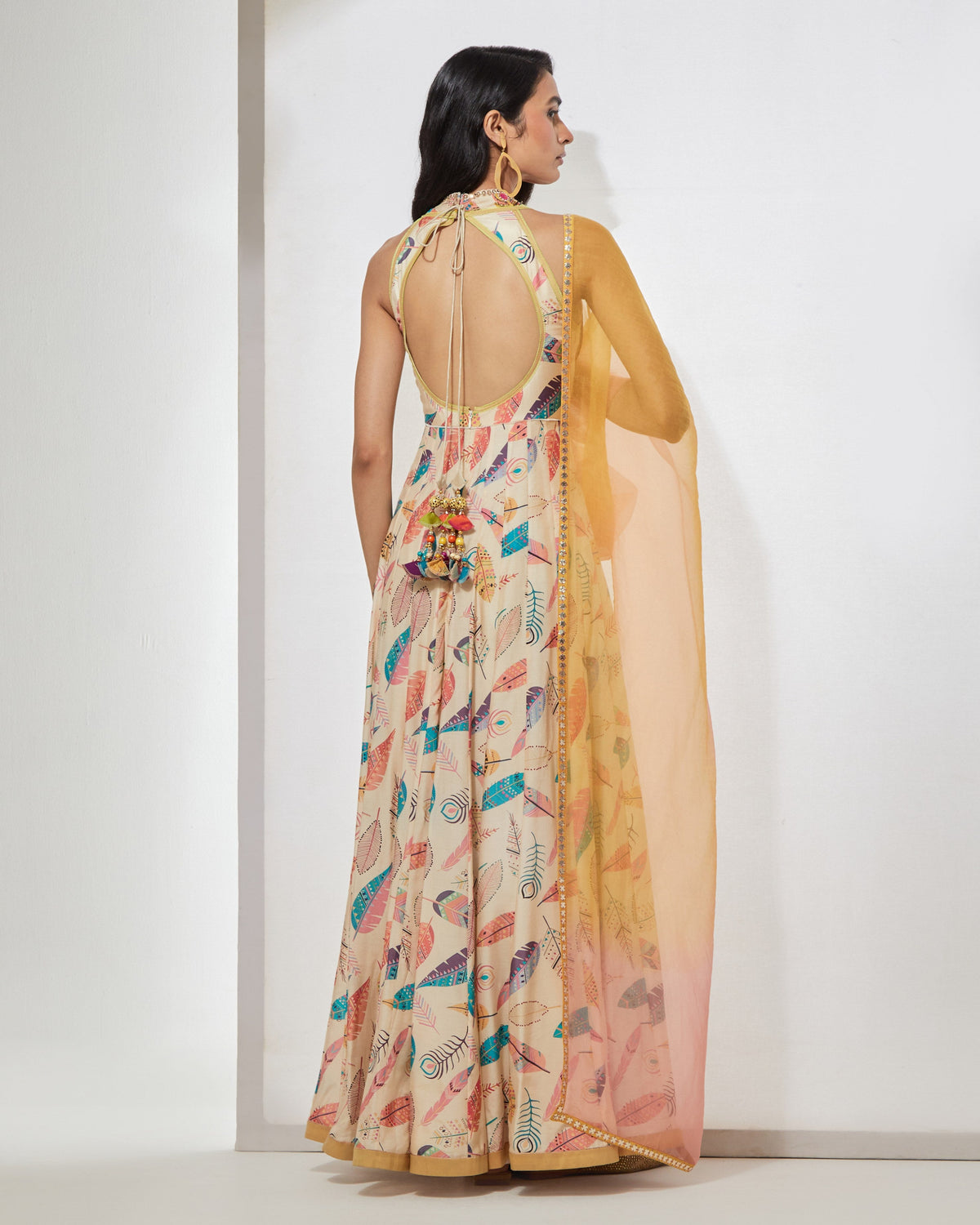 Ivory Feather Printed Anarkali With Dupatta