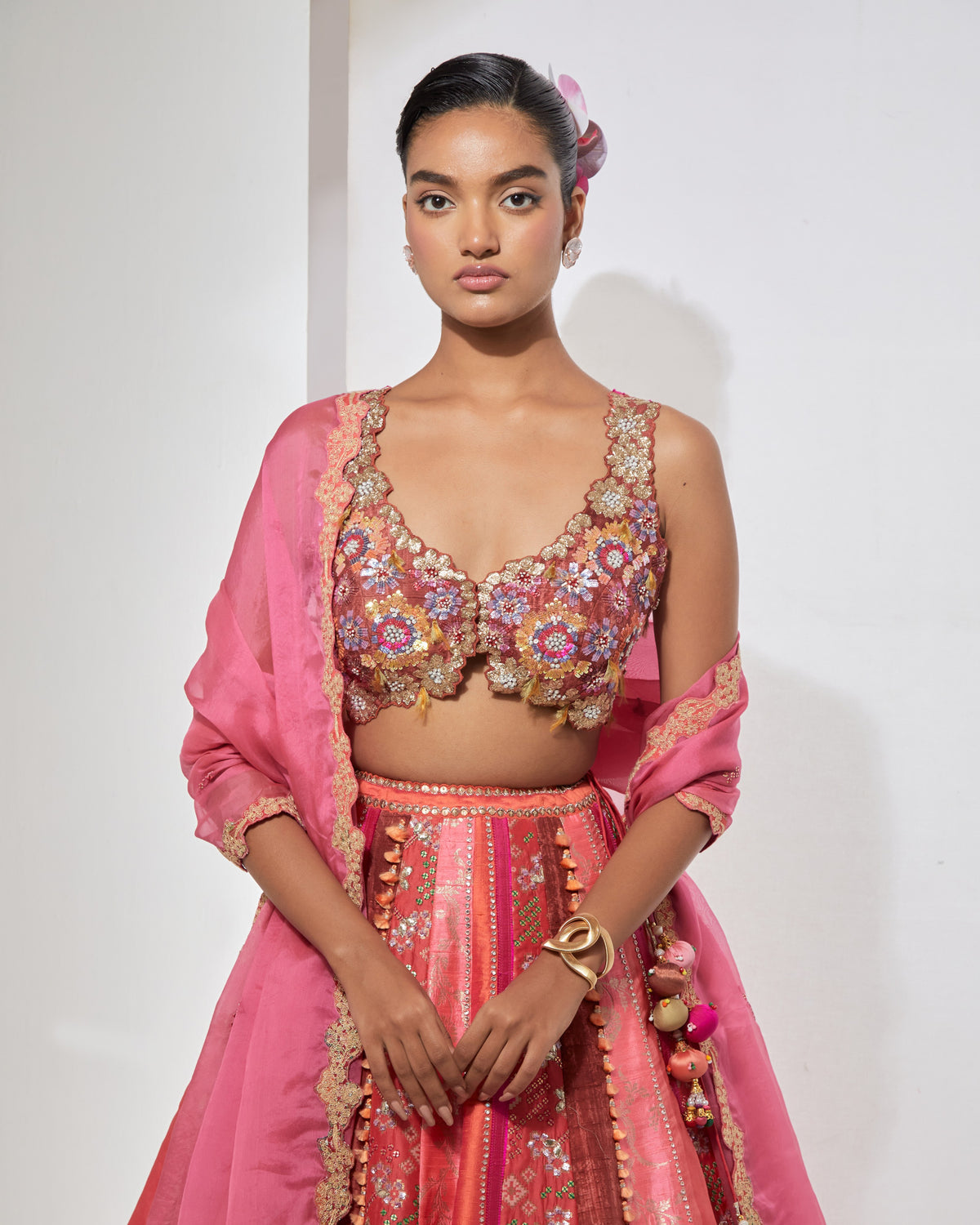 Peach Pink Embroidered Lehenga Set
