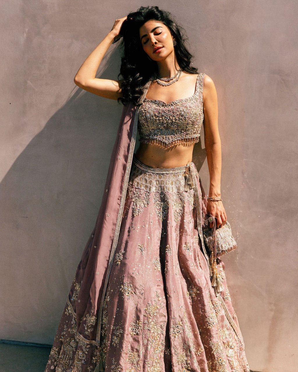 French Rose Aurum Tissue Lehenga Set