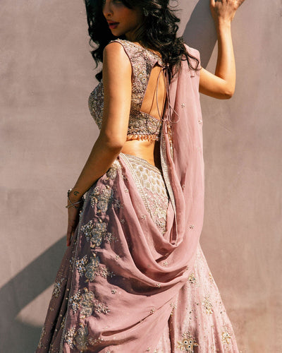 French Rose Aurum Tissue Lehenga Set