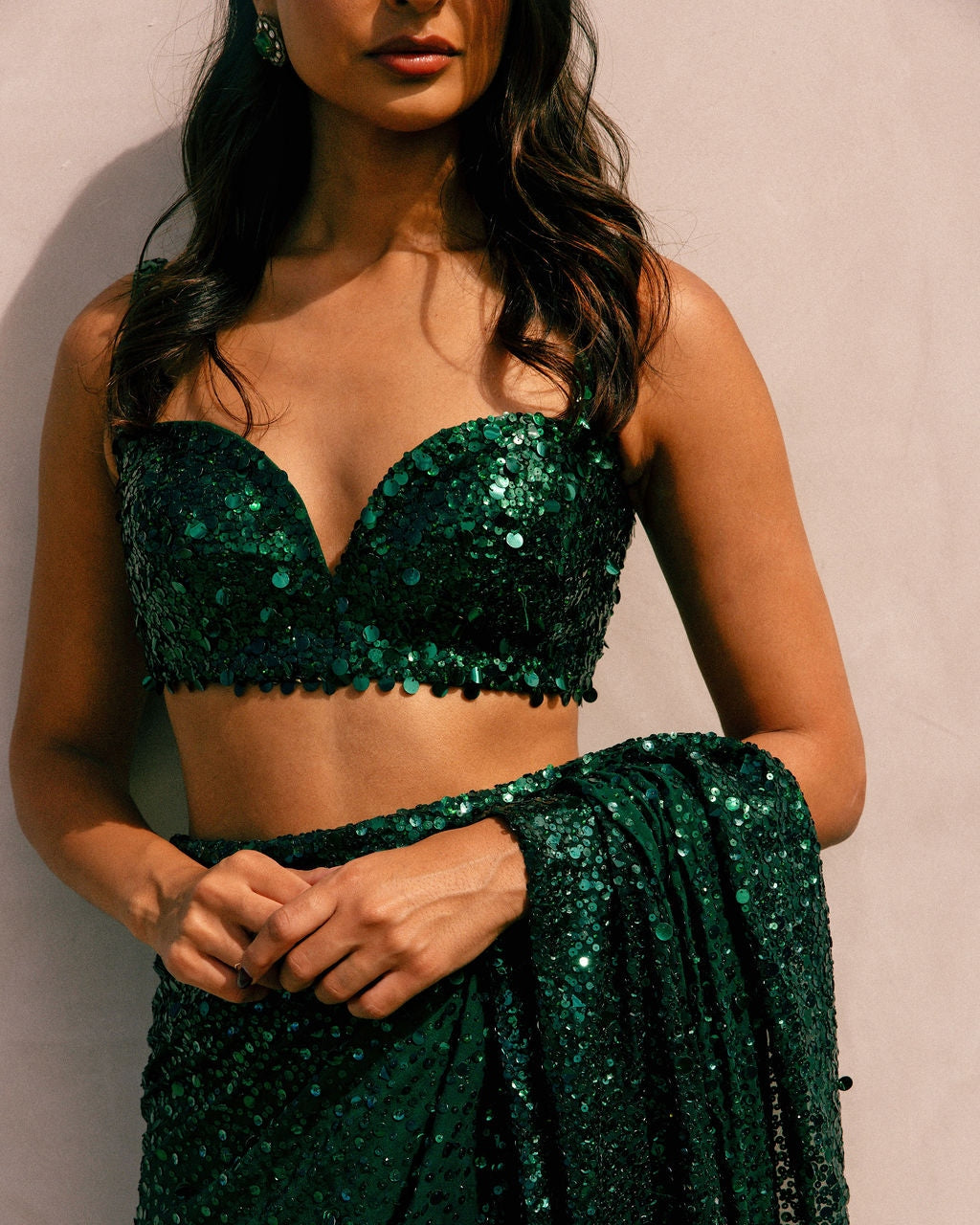 Emerald Green Ombre Sequin Georgette Sari