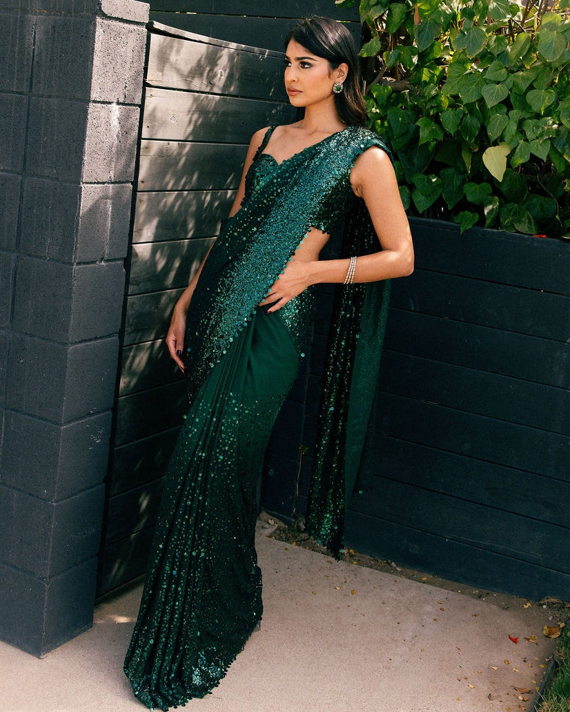 Emerald Green Ombre Sequin Georgette Sari