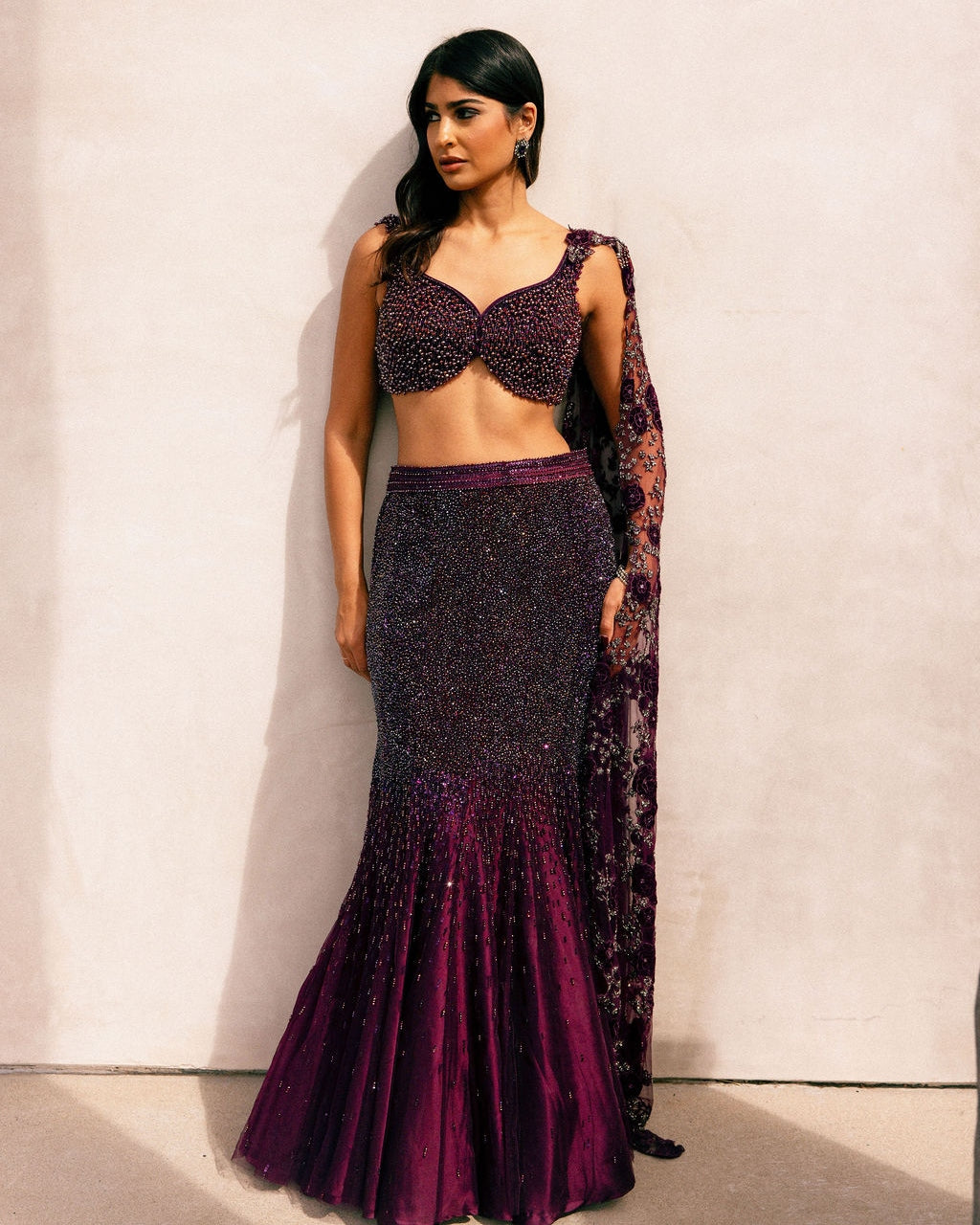 Wine Fishcut Swarosvki Lehenga Set