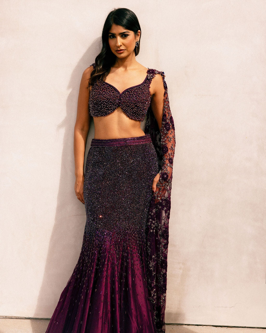 Wine Fishcut Swarosvki Lehenga Set