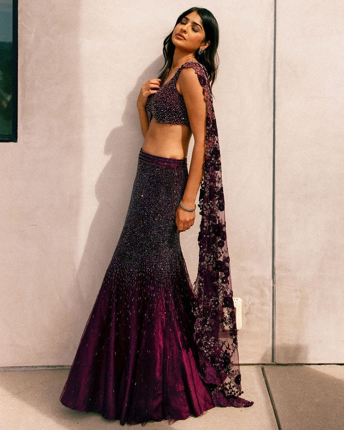 Wine Fishcut Swarosvki Lehenga Set