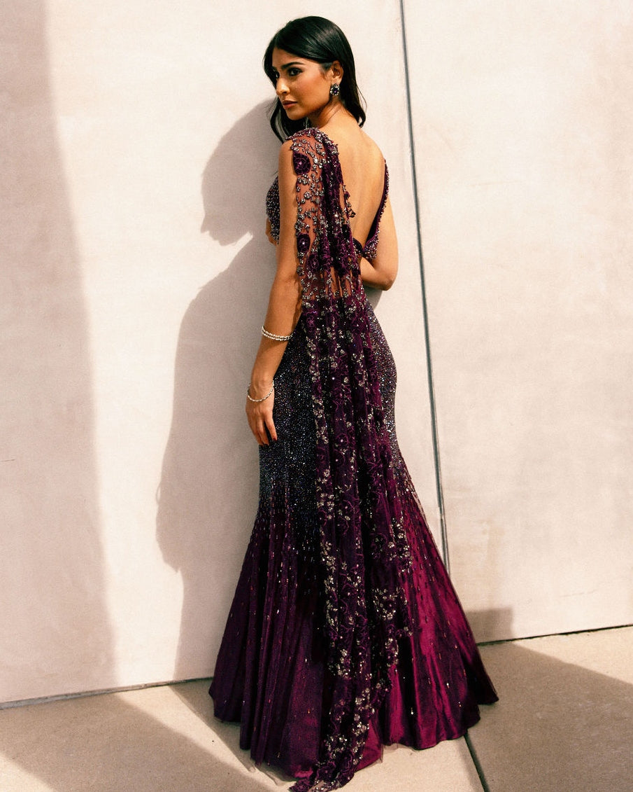 Wine Fishcut Swarosvki Lehenga Set
