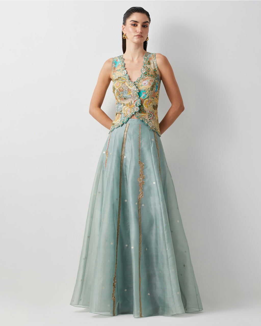 Aqua Embroidered Skirt Corset Set
