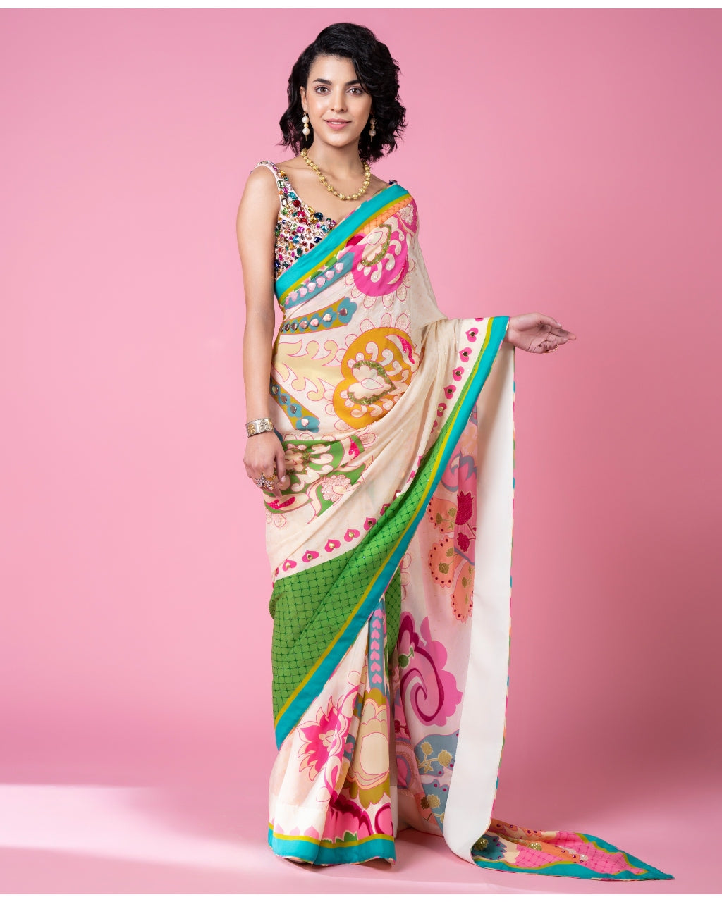 Sky Ivory Royal Paisley Embroidered Sari Set