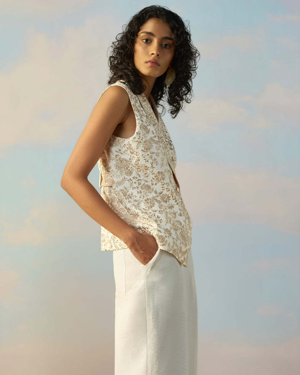 Linen Embroidered Waistcoat & Straight-Cut Pant Set