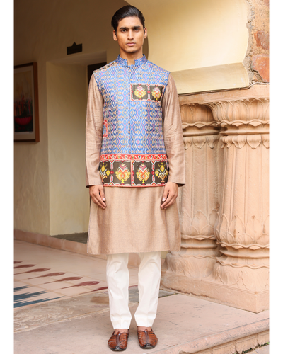 Royal Blue Silk Ikat Patchwork Bandi Set