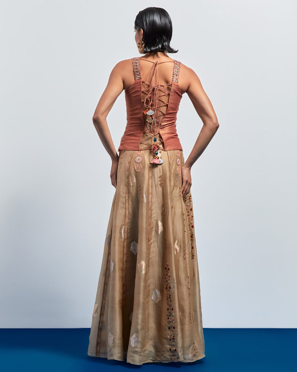 Beige Embroidered Skirt Corset Set